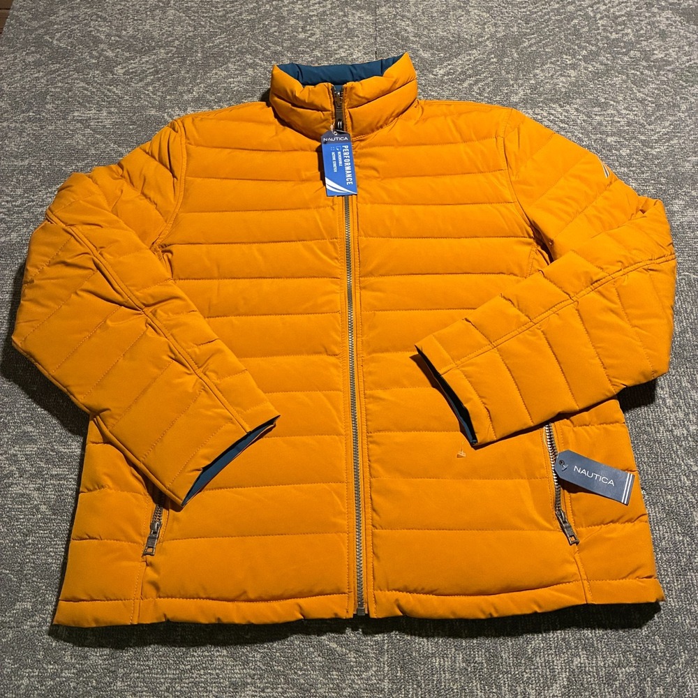 Nautica Men's XL Reversible Puffer Jacket Mustard Navy NWT Stretch